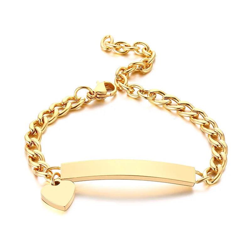 Personalized Heart Bracelet for Girls - Custom Engraved Stainless Steel Figaro Chain Link, Adjustable Gift for Any Occasion