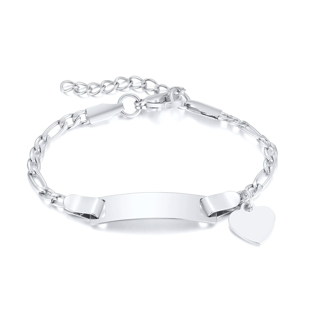 Personalized Heart Bracelet for Girls - Custom Engraved Stainless Steel Figaro Chain Link, Adjustable Gift for Any Occasion
