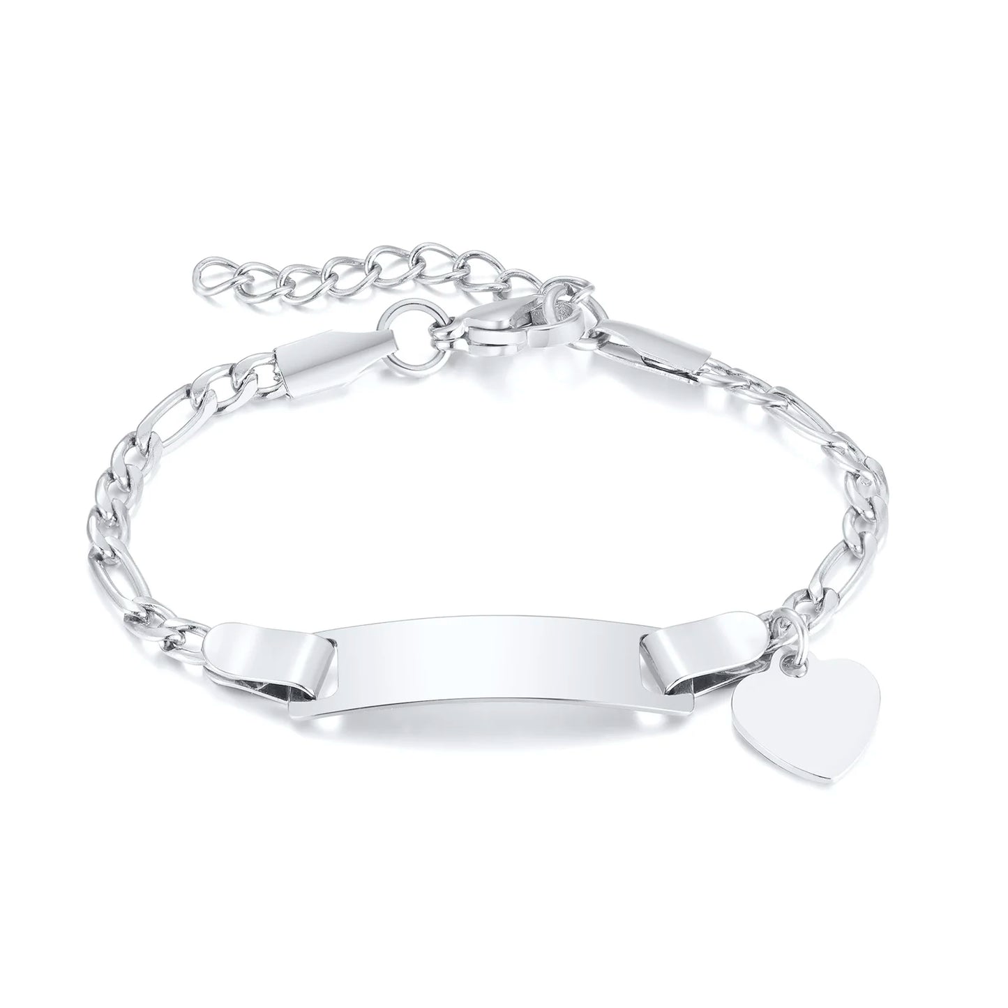 Personalized Heart Bracelet for Girls - Custom Engraved Stainless Steel Figaro Chain Link, Adjustable Gift for Any Occasion