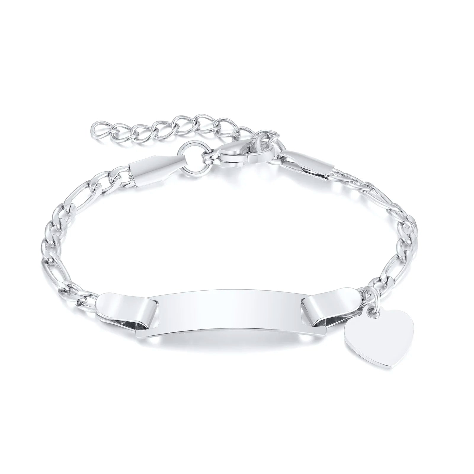 Personalized Heart Bracelet for Girls - Custom Engraved Stainless Steel Figaro Chain Link, Adjustable Gift for Any Occasion