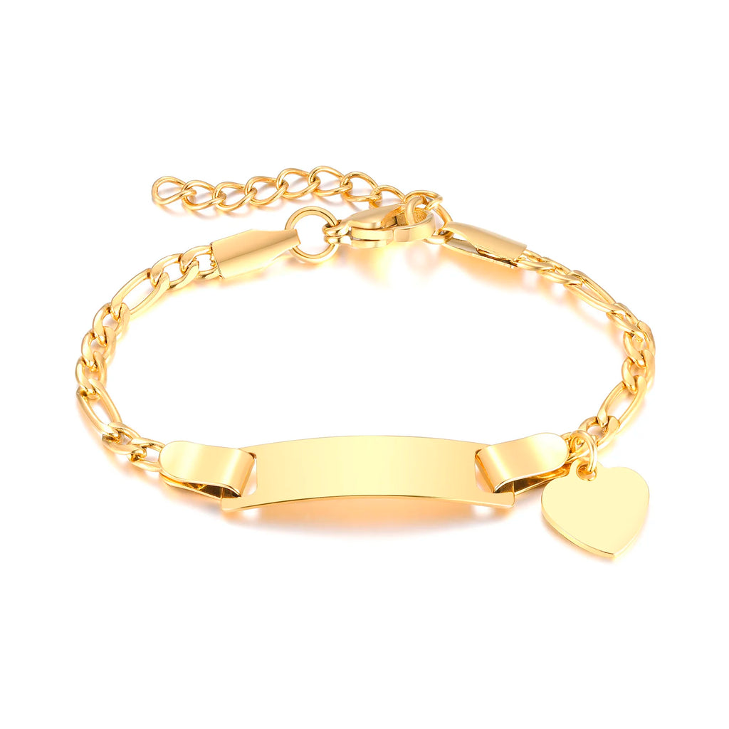 Personalized Heart Bracelet for Girls - Custom Engraved Stainless Steel Figaro Chain Link, Adjustable Gift for Any Occasion