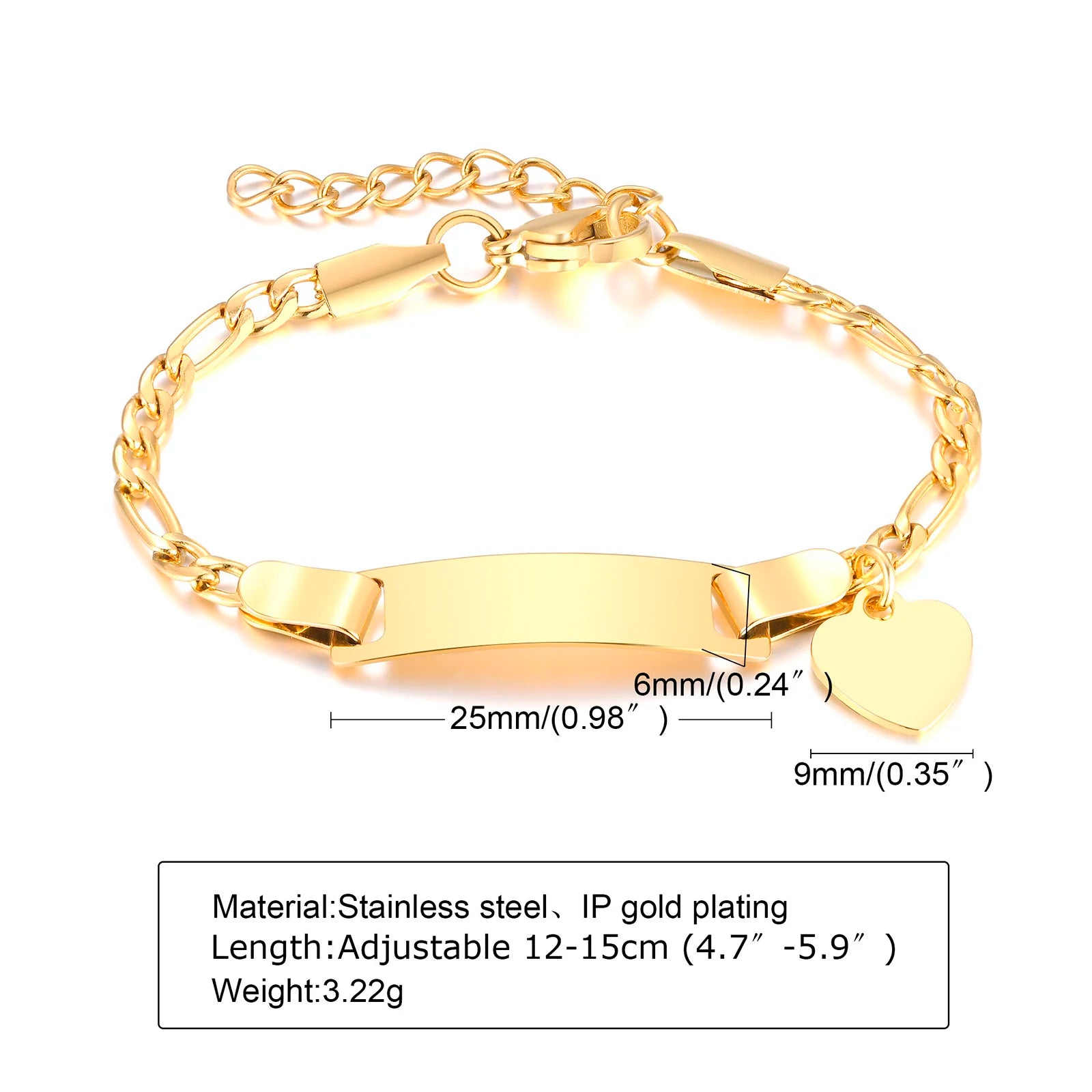 Personalized Heart Bracelet for Girls - Custom Engraved Stainless Steel Figaro Chain Link, Adjustable Gift for Any Occasion