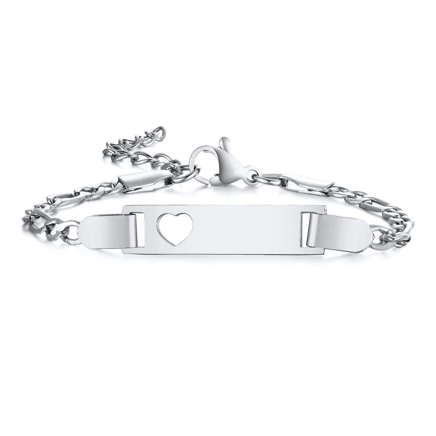 Personalized Heart Bracelet for Girls - Custom Engraved Stainless Steel Figaro Chain Link, Adjustable Gift for Any Occasion