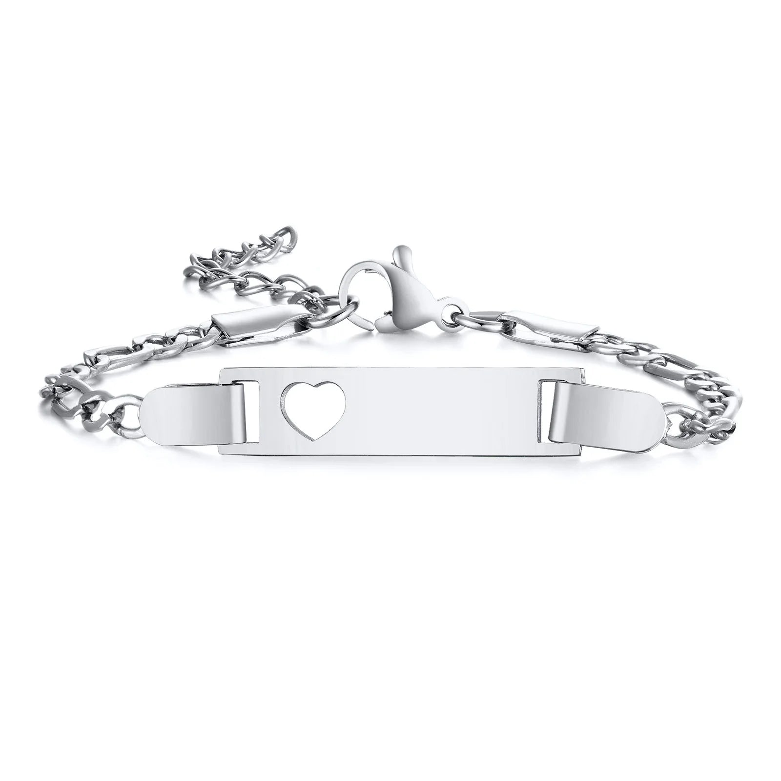 Personalized Heart Bracelet for Girls - Custom Engraved Stainless Steel Figaro Chain Link, Adjustable Gift for Any Occasion