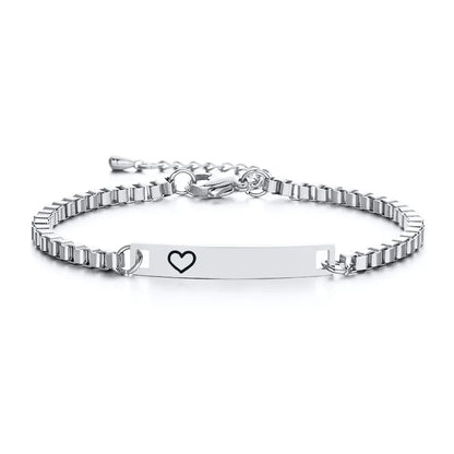 Personalized Heart Bracelet for Girls - Custom Engraved Stainless Steel Figaro Chain Link, Adjustable Gift for Any Occasion