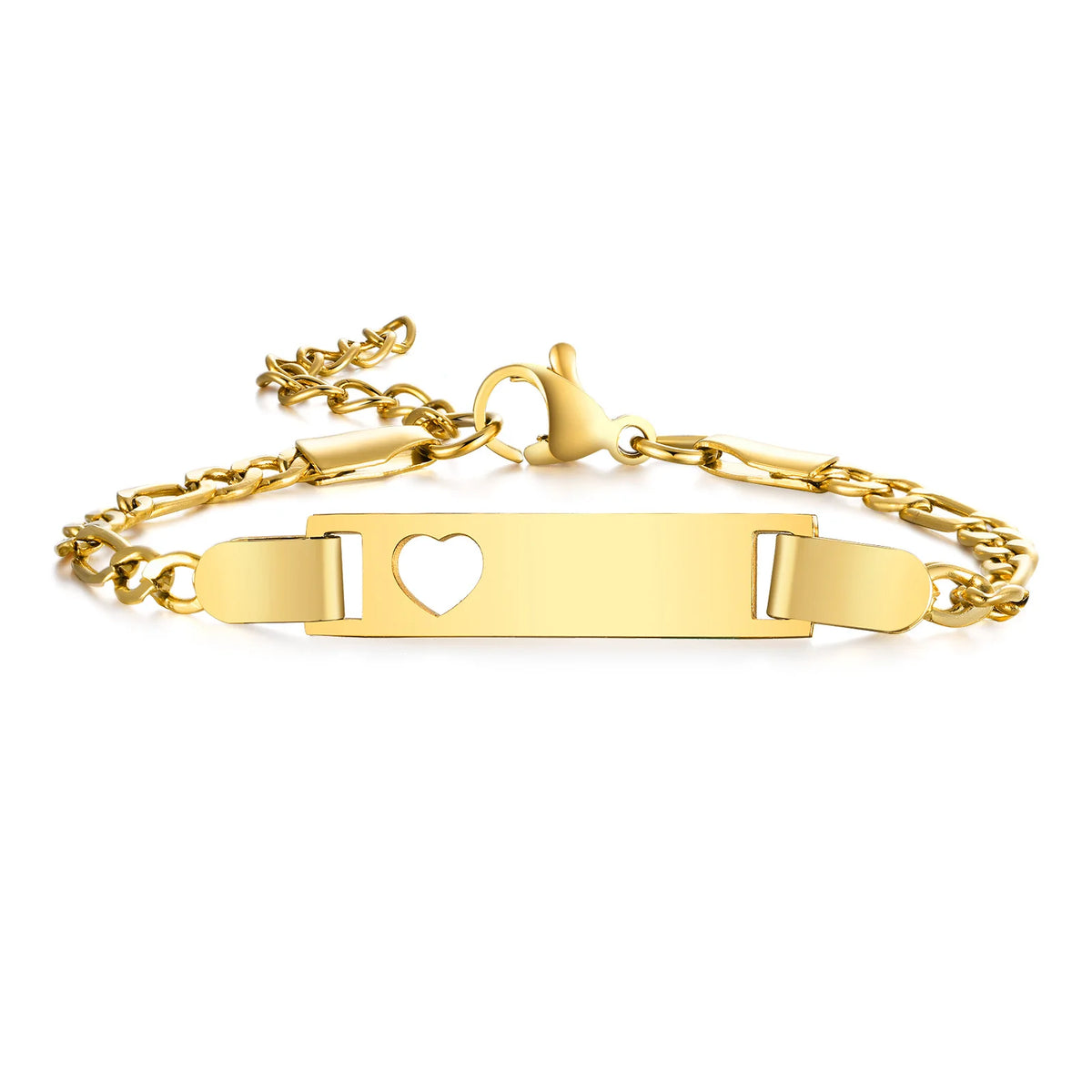 Personalized Heart Bracelet for Girls - Custom Engraved Stainless Steel Figaro Chain Link, Adjustable Gift for Any Occasion