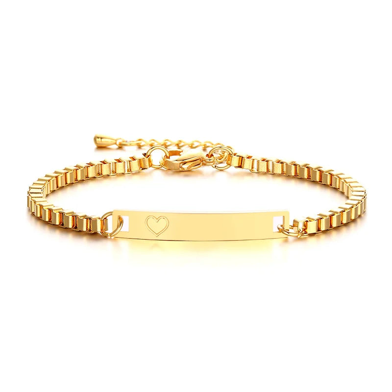 Personalized Heart Bracelet for Girls - Custom Engraved Stainless Steel Figaro Chain Link, Adjustable Gift for Any Occasion