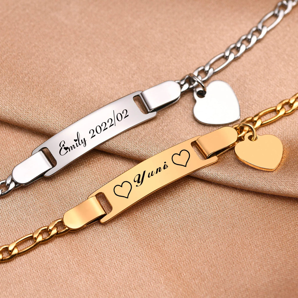 Personalized Heart Bracelet for Girls - Custom Engraved Stainless Steel Figaro Chain Link, Adjustable Gift for Any Occasion