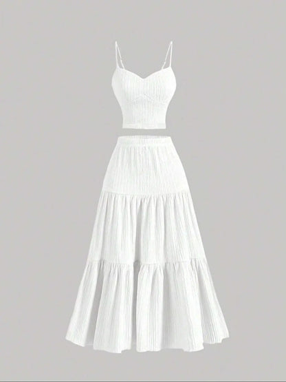 Women'S Solid Woven Crop Cami Top & A-Line Skirt Two-Piece Set Womenswear, Casual Fashion Cozy Two Piece Outfits for Daily Outdoor Wear, Ladies Clothes for Summer
