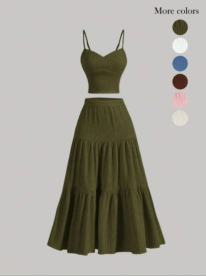 Women'S Solid Woven Crop Cami Top & A-Line Skirt Two-Piece Set Womenswear, Casual Fashion Cozy Two Piece Outfits for Daily Outdoor Wear, Ladies Clothes for Summer